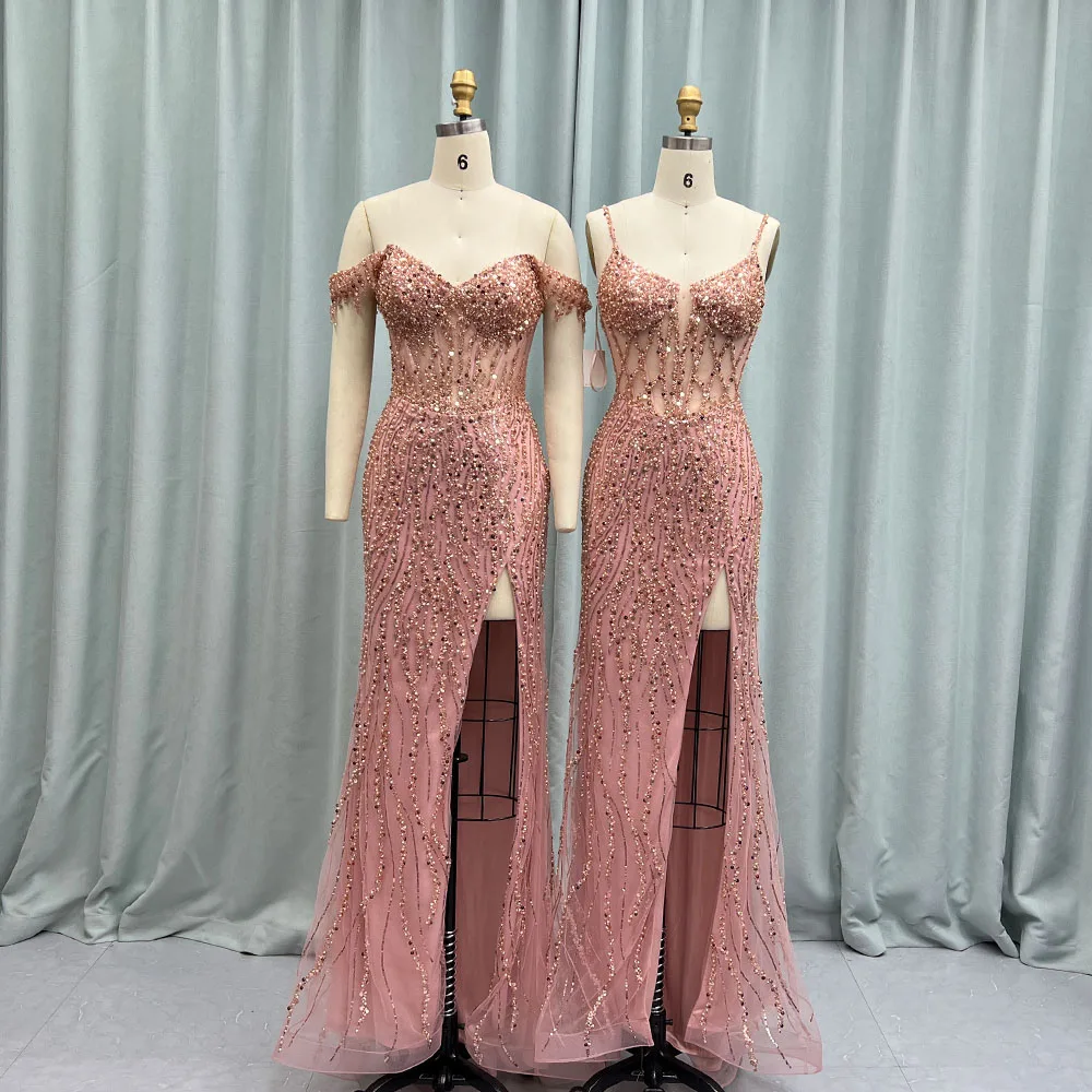 YQLNNE Luxury Rose Gold Off Shoulder Long Prom Dresses High Slit Fitted Sequin Pearls Formal Gown