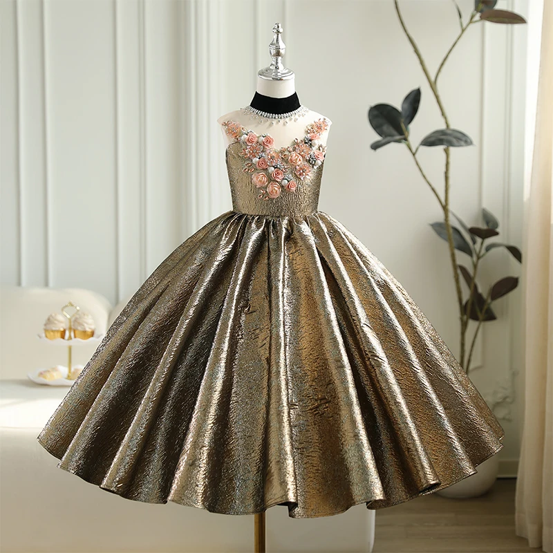 

Customized Girl's Dress Gold Satin 3D Floral Kids Wedding Gown Flower Girls Pageant Gown Girl Party Dress