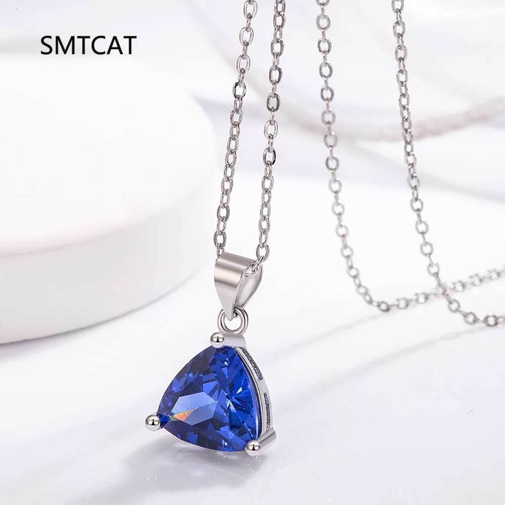 Created Blue Sapphire 925 Sterling Silver Geometric Triangle Ring+Necklace+Earring Gemstone Jewelry Set for Women Birthday Gift
