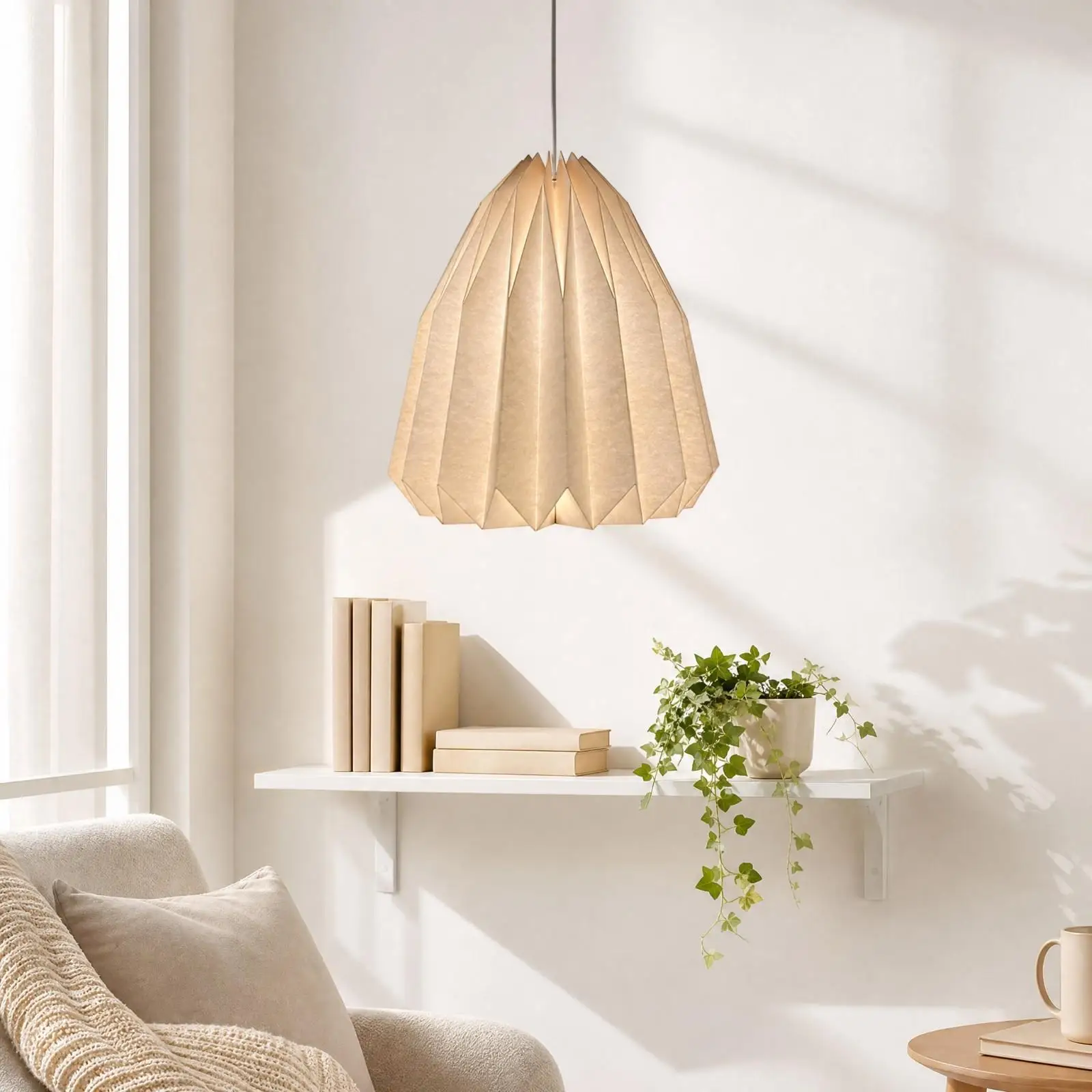Pleated Paper Lantern Pendant Lamp Shade Folding White Ceiling Hanging Light for Bedroom Tavern Dining Room Soft Diffused