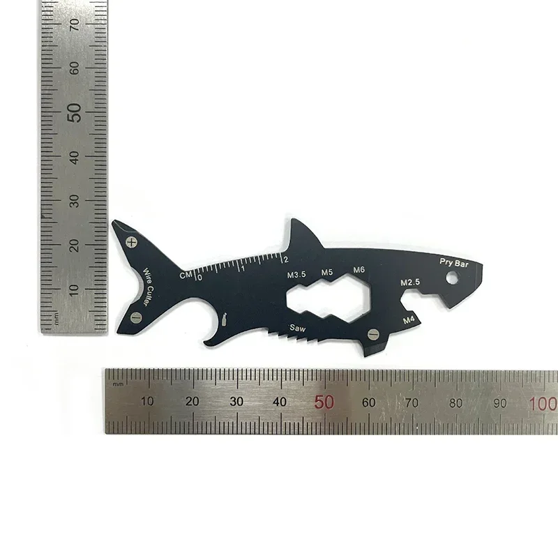 1PC 15 in 1 Outdoor Portable EDC Survival Tool Card Shark Shaped Bottle Opener Multifunctional Keychain