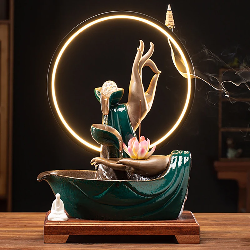 Zen-Inspired Lamp With Water Circulation Fountain, Fortune-Bringing Feng Shui Backflow Incense Burner Ornament, Buddha Hand Deco