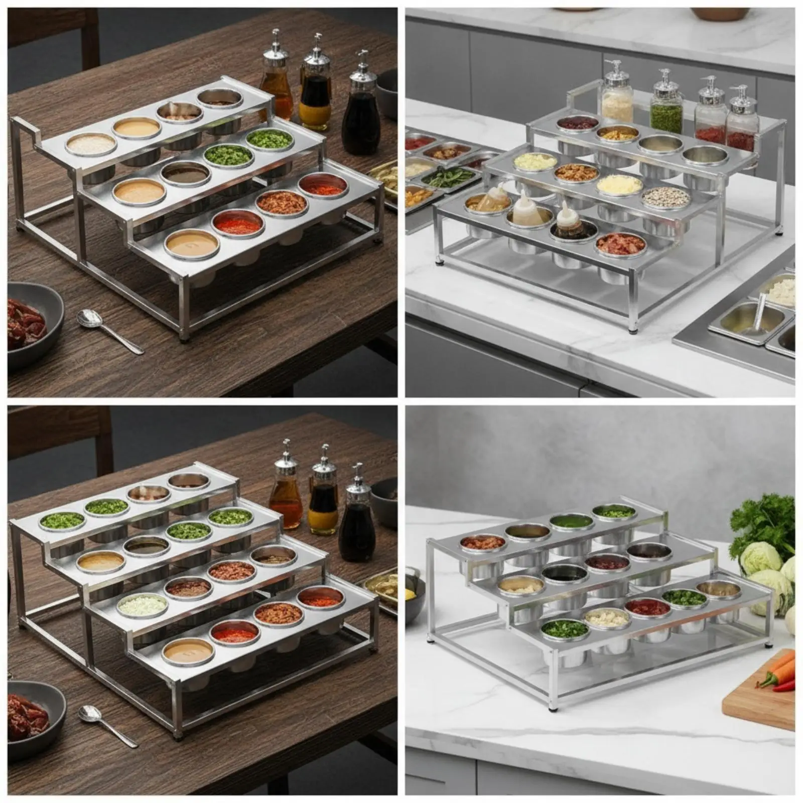 4 Tier Condiment Storage Rack for Restaurant Service Area with 16 Stainless Steel Bowls and Rust Proof Frame