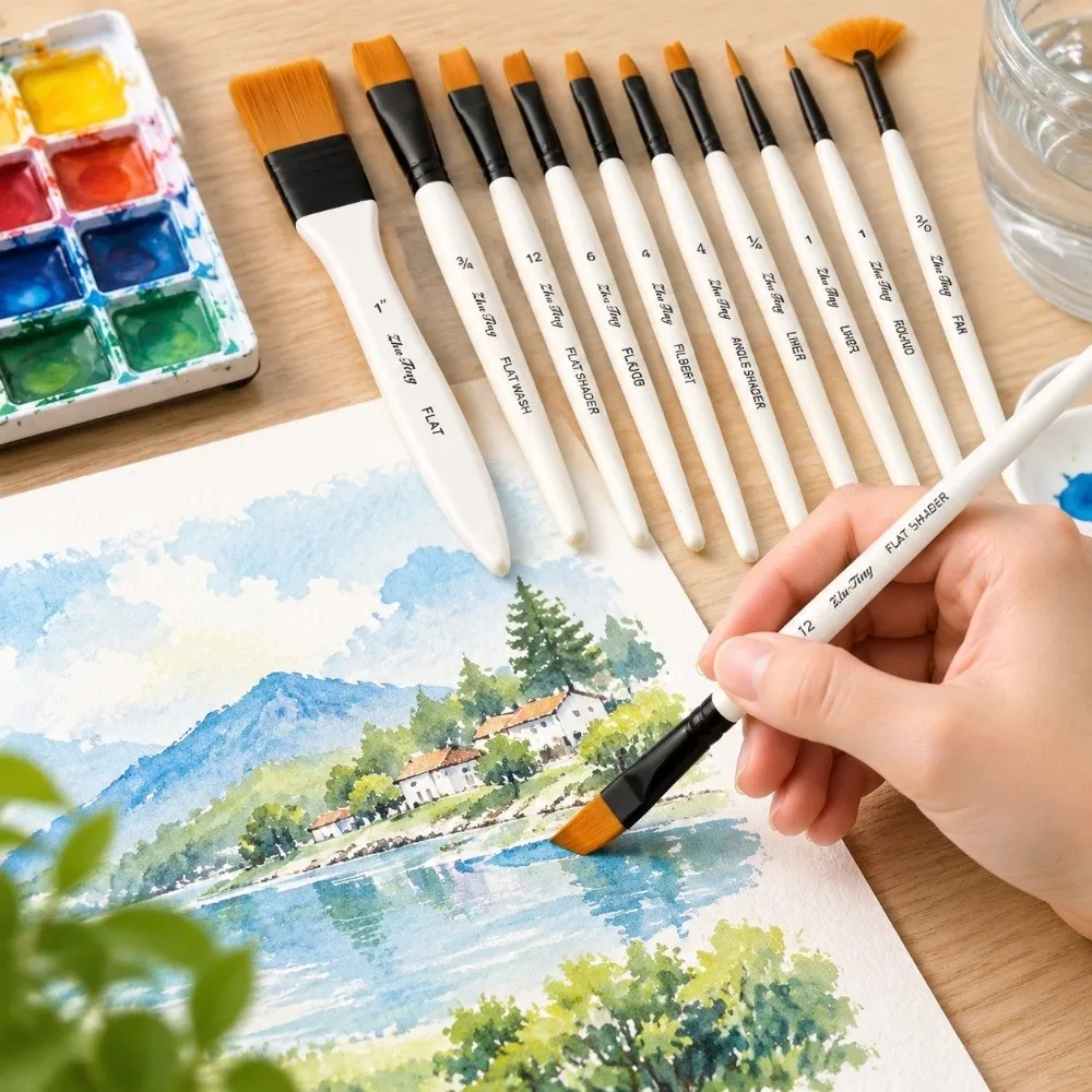 10Pcs Nylon Hair Paint Brush Set Practical Lightweight Paint Brushes All Purpose Carry Bag Watercolor Paint Brushes Oil Painting