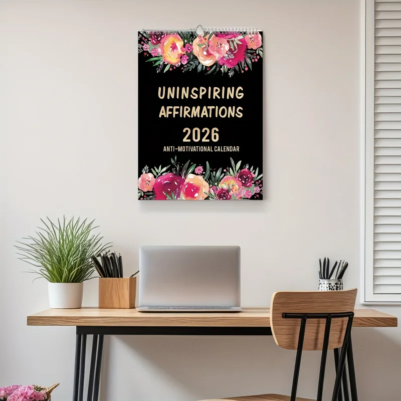 

2026 - Negative Affirmation Calendar - Daily Motivation Planner Featuring positive affirmations, floral designs, and gold letter