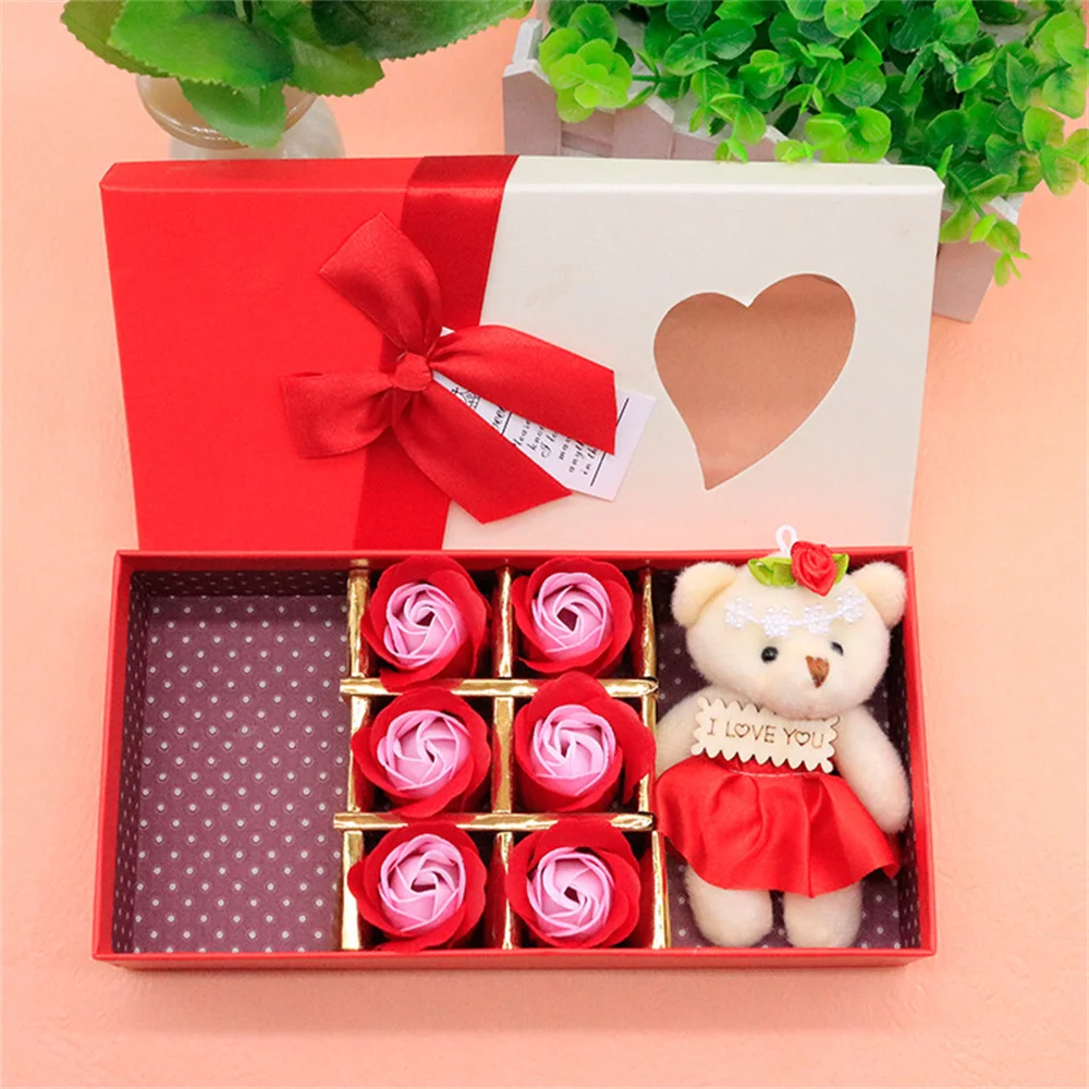 

6PCS Roses Bear Soap Flower Gift Box Valentines Day Gift For Girlfriend Wife Women Artificial Fake Flower Wedding New Year Decor