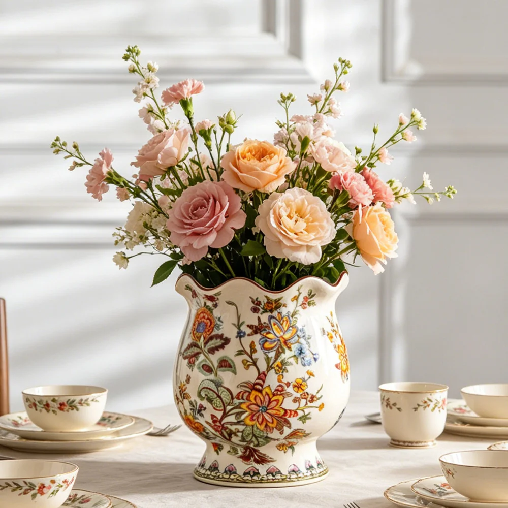 Country Style Ceramic Vase Hand‑Painted Floral Vase High‑End Decorative Flower Vase for Living Room Tabletop Home Ornament Gift