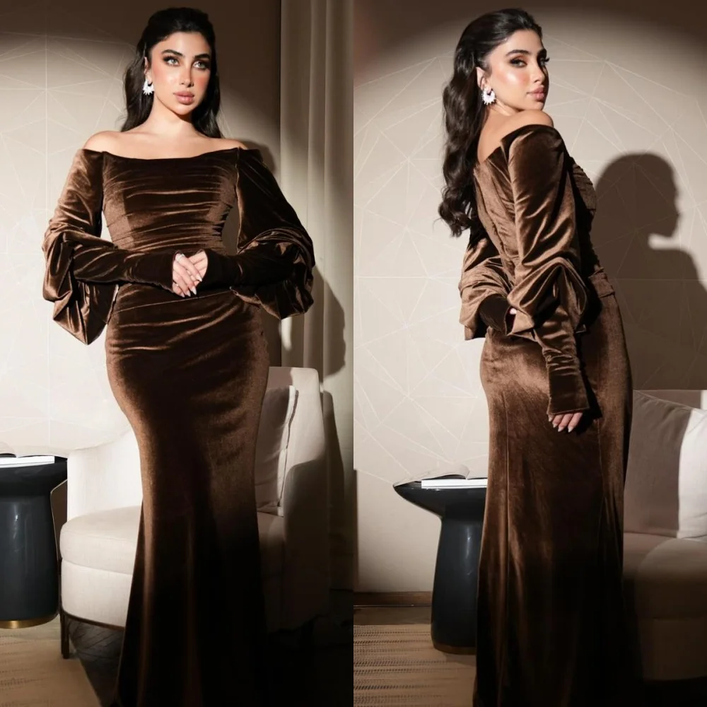 

Customized Formal Velour Pleat Column Off-the-shoulder Long Dresses Bespoke Occasion Dresses Fashion Pastrol