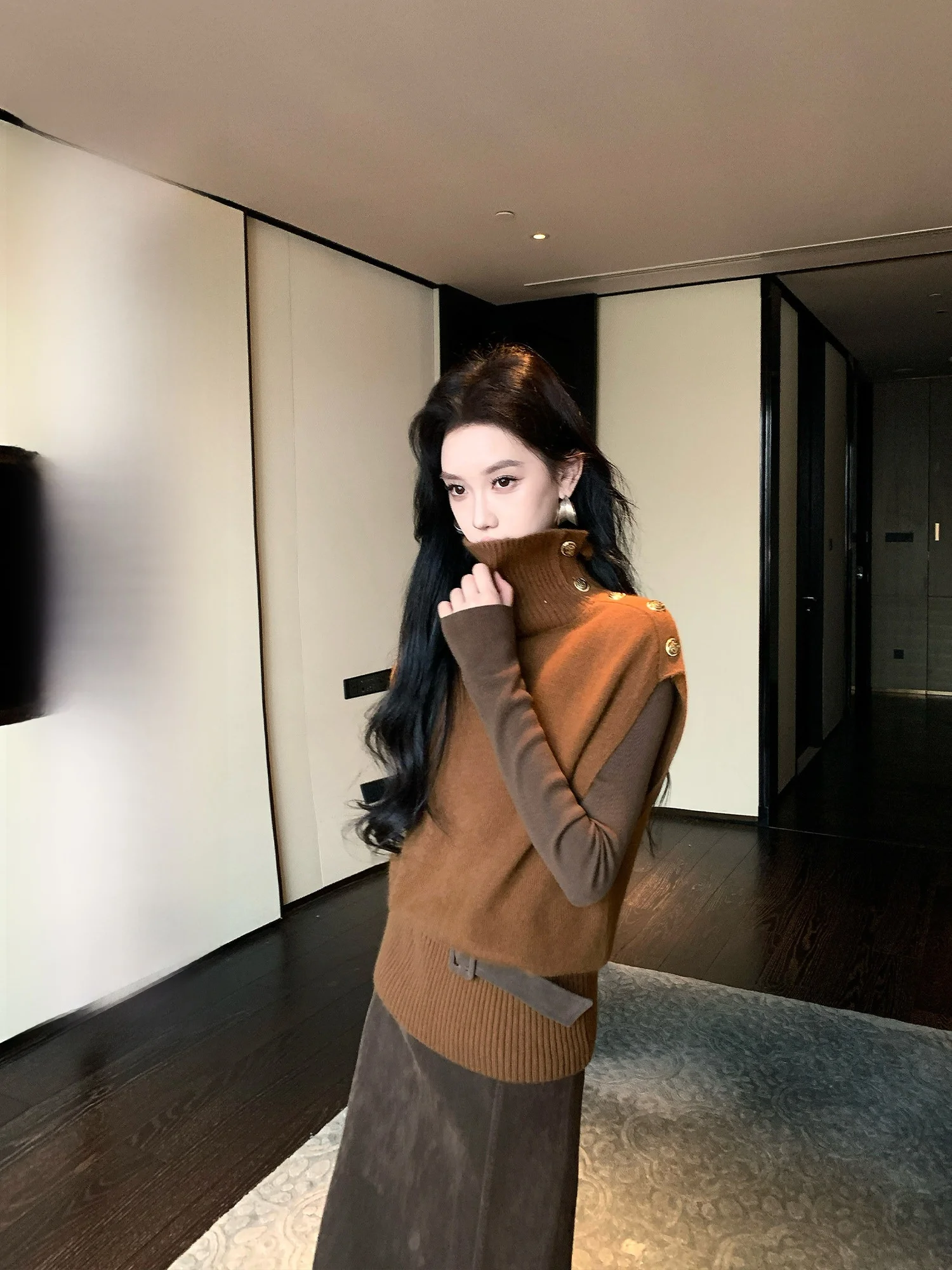 

High Collar Knitted Vest Women's Faion Casual Sle Winter Layering Top Wool Blend Comfortable Fit Color Button Detail