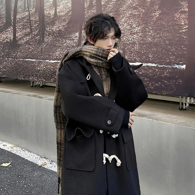 

Bla Long Coat Men's Winter Faion Urban Sle Woolen Jaet Korean Cleanfit Design Hip Haome Retro Hooded Coat