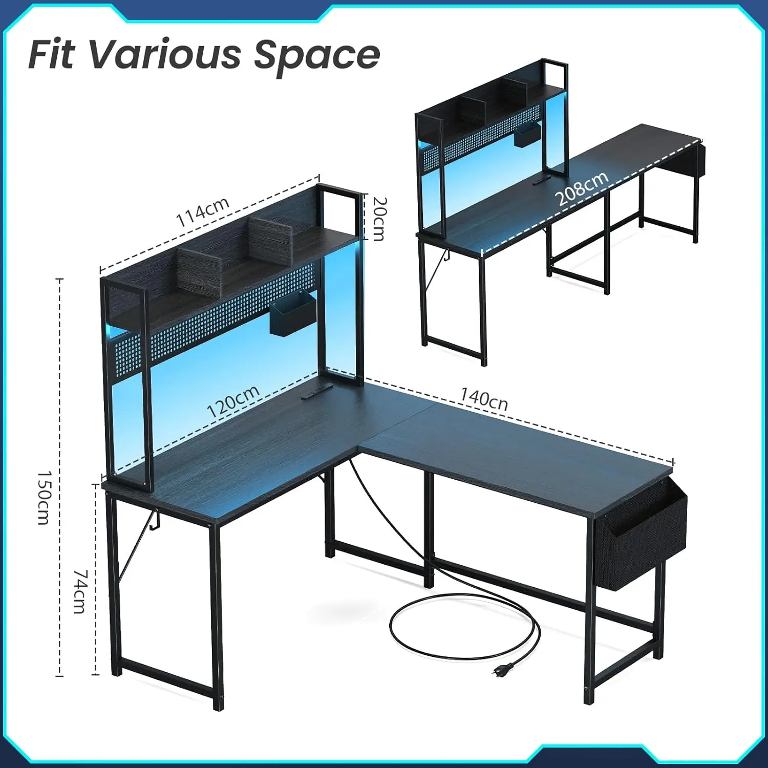 L Shaped Desk with Power Outlet & LED Strip, Office Desk with Pegboard, Corner Deck for