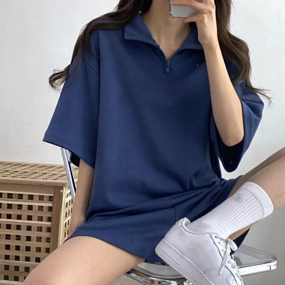 

Women Tracksuit Pockets Elastic Waist Zipper Collar Tracksuit Summer Tracksuit Loose Solid Color Sweatshirt Two Piece Shorts Set