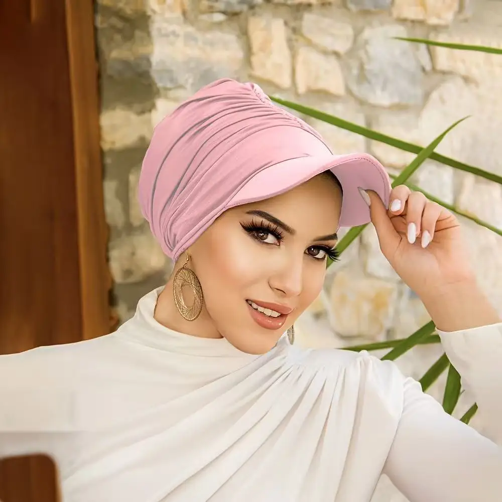 

Women Visor Hat Wide Brim Pre-Tied Sunscreen Turban Baseball Cap Headscarf Muslim Hijab Outdoor Bonnet Head Wrap Turbante Mujer