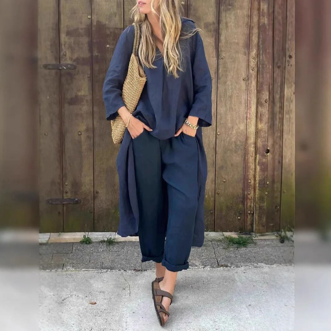 

Office Ladies V-neck Top And Pants Suit Summer Casual Trousers Women's Solid Color Suit Cotton Linen Wide-leg Pants Elegant Suit