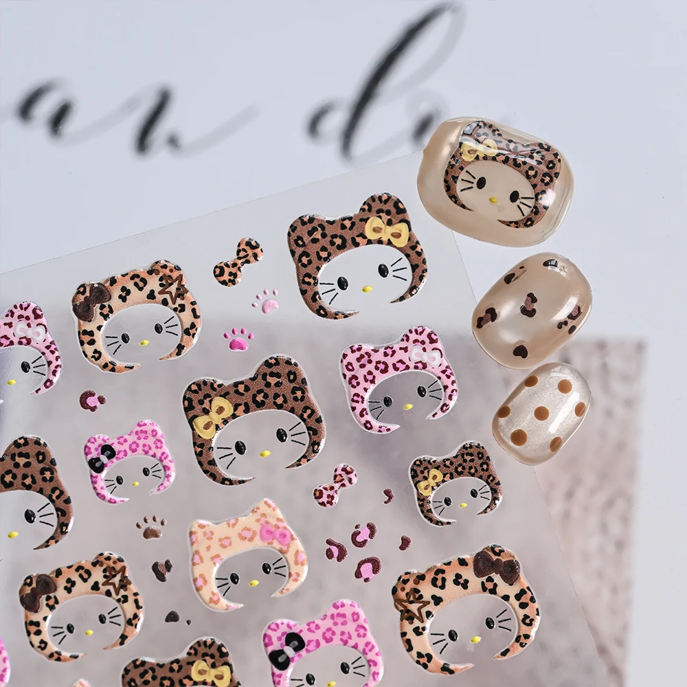 1/2/3 Uds. 5D estampado de leopardo Hello Kitty sombrero pegatinas para uñas leopardo Kitty cabeza tapa arco adhesivo calcomanías KT deslizadores decoración de uñas