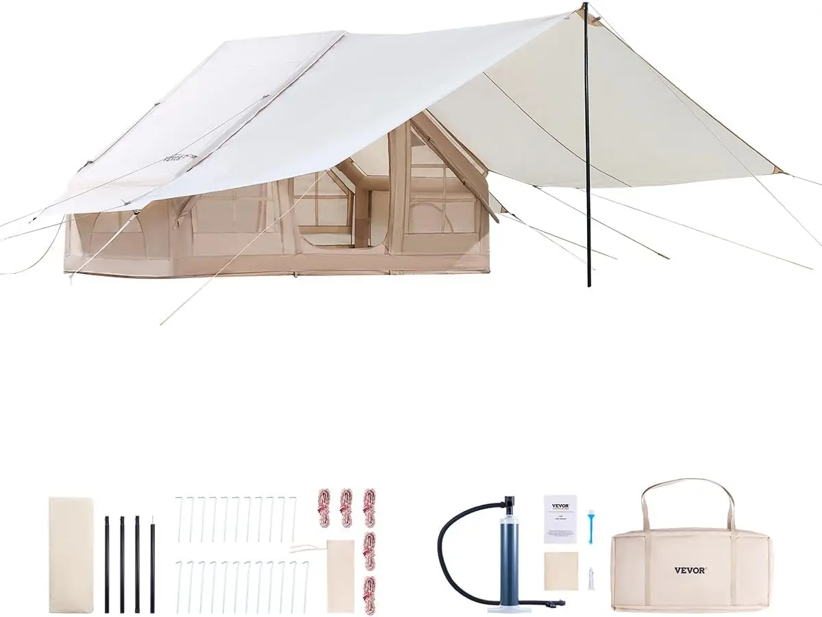 Inflatable Tents for Camping, Easy Setup Blow up Tent with Hand Pump, 4 Season Glamping Tent with Stove Jack, Doors & Mesh Windo