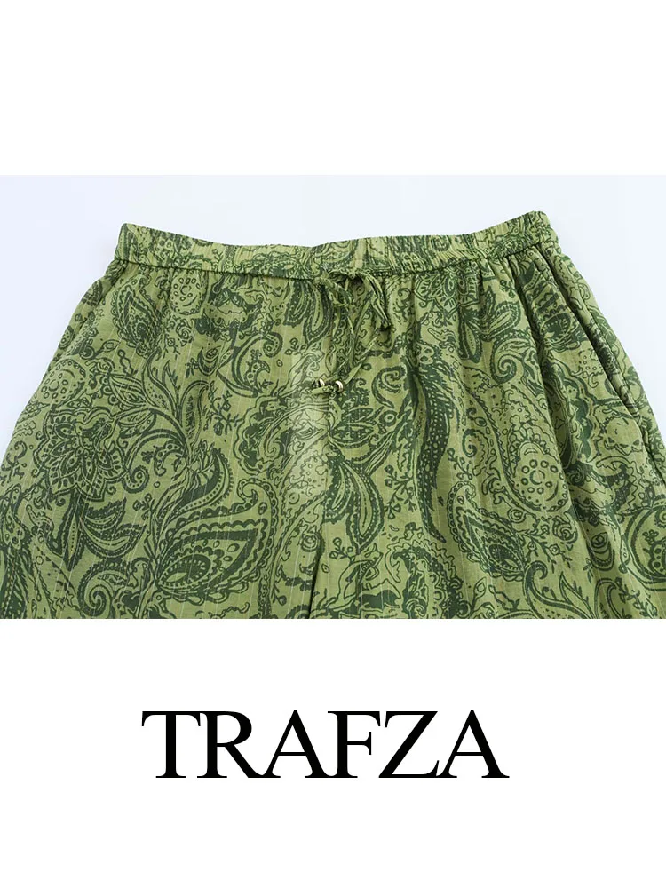 TRAFZA 2024 Woman Side Pockets Slim Casual Wide Leg Pants Women Retro Green Print Drawstring High Waist Chic Loose Trousers