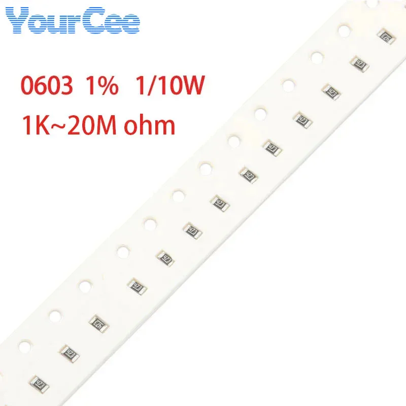 100 szt. rezystorów SMD 0603 1% 1/10W 1K~20M 1.1K 1.2K 1.8K 2.1K 6.8K 10K 20K 110K 390K 470K 560K 750K 910K 1M 3.3M 10M 20M omów