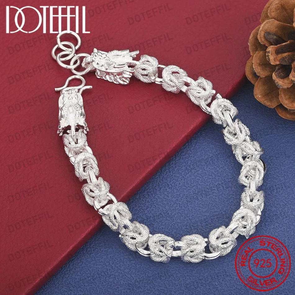 925 Sterling Silber 8-Zoll Exquisites Doppeldrachenkopf Geflochtenes Armband für Männer und Frauen, Party-Accessoires im Chinesischen Stil