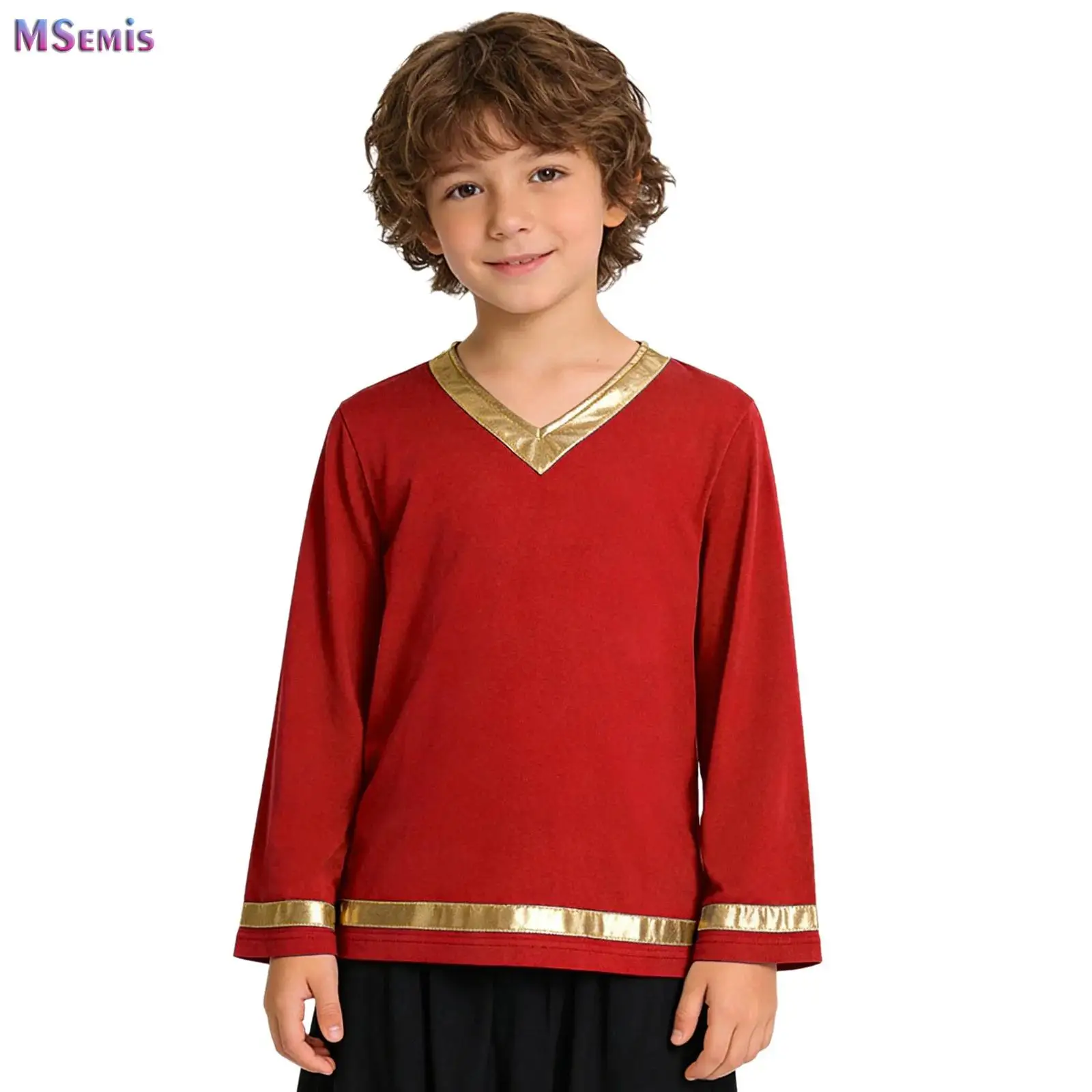 

Boys Girls Church Choir Worship Costume Liturgical Praise Dance Tunic Pullover Tops V-neck Long Sleeve Metallic Patchwork Shirts