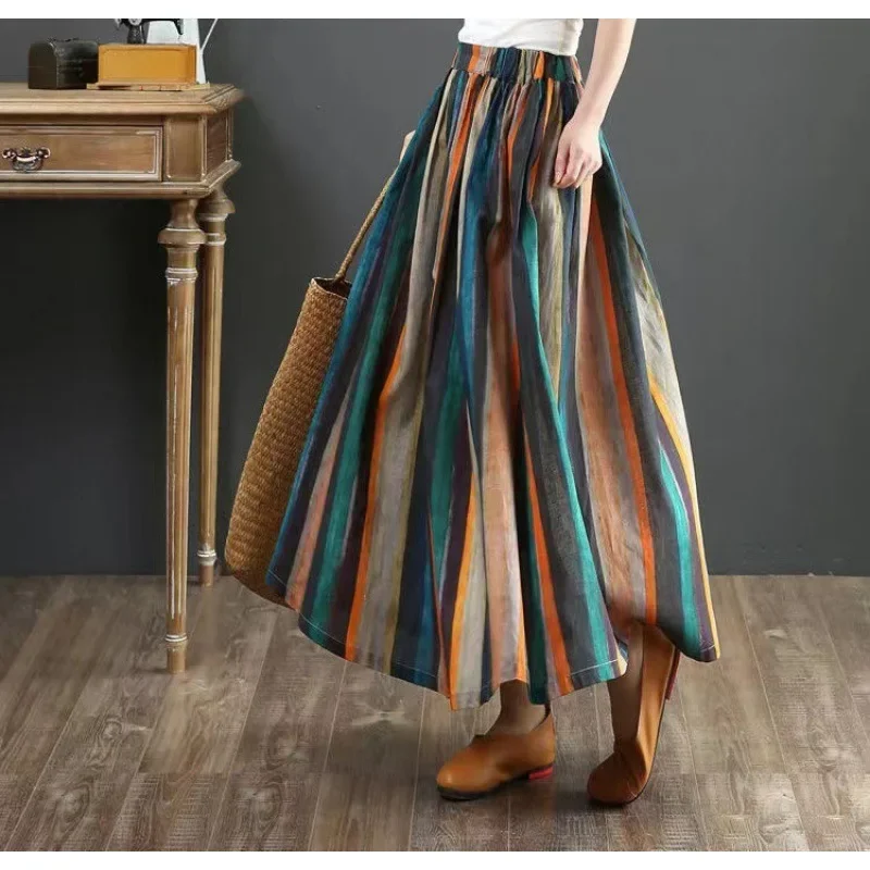 Vintage Floral Hemp Skirt Elegant Elastic Waist Medium-Length Women's Petticoat Summer Style Elegant Fragmented Bloom