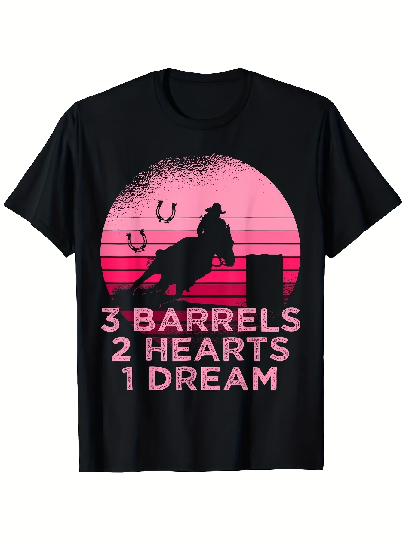 Rodeo Racing T-Shirt for Men And Women - 100%, Crew Neck, Black, Pink Horse Barrel Design, Sizes S-XXXL Same Style for Men And Women 2025 Summer Short-Sleeved Printed T-Shirt Pure 220G