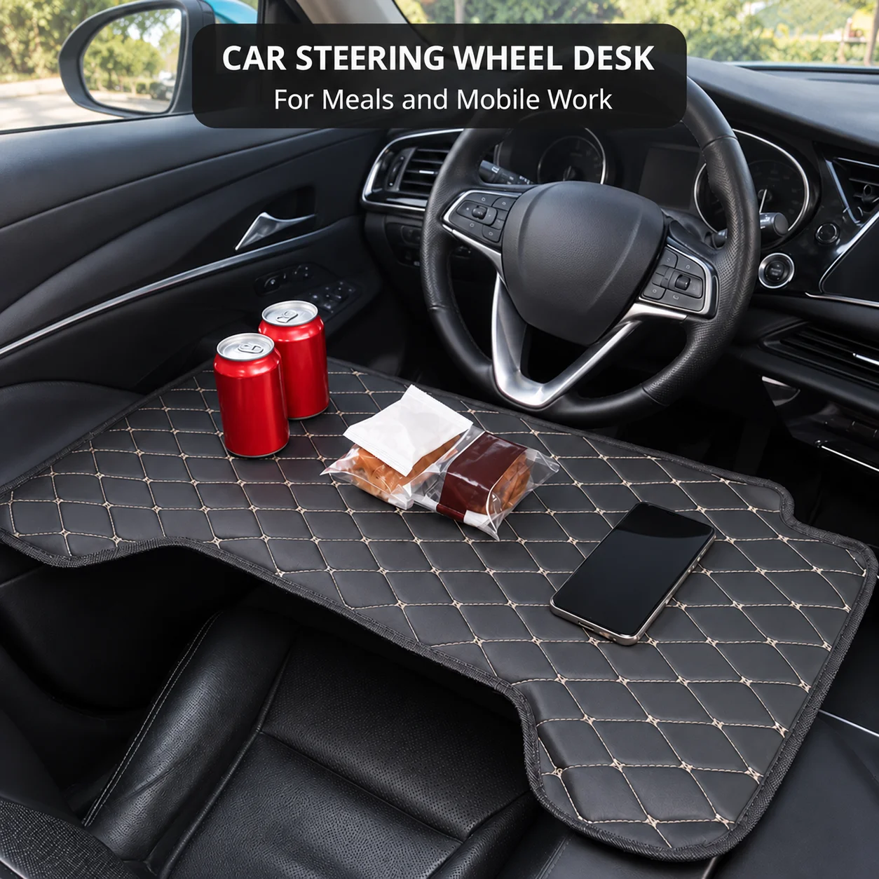Car Steering Wheel Tray Desk Table for Laptop Dining Travel Daily Universal Auto Interior Organizer Black Quilted Mat Accessory