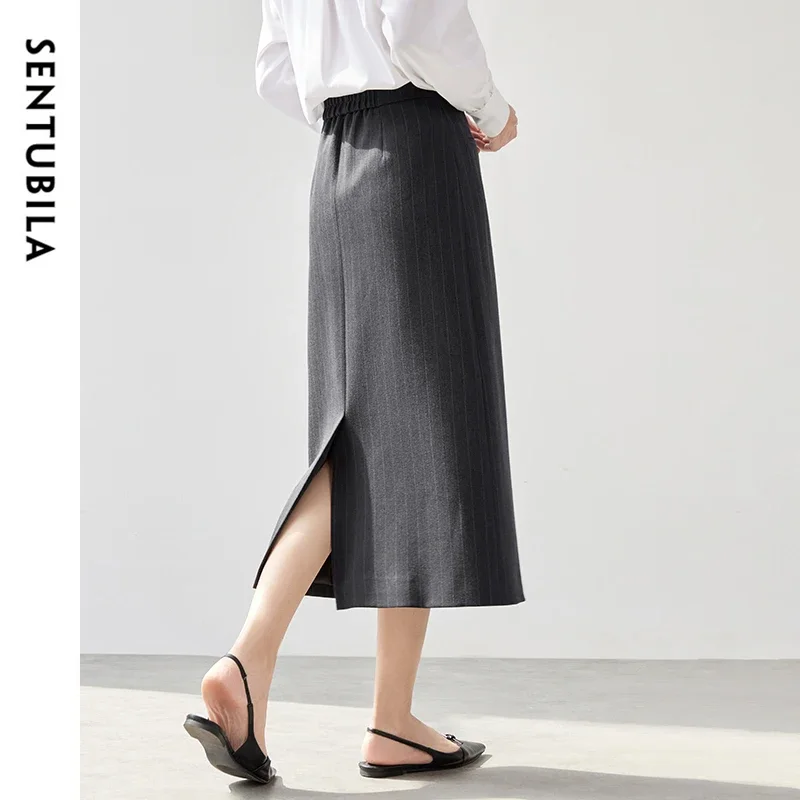 SENTUBILA Striped Suit Skirt Women 2024 Fall Winter Formal Straight High-waist Slit Work Business Female Long Skirts 143Q56822