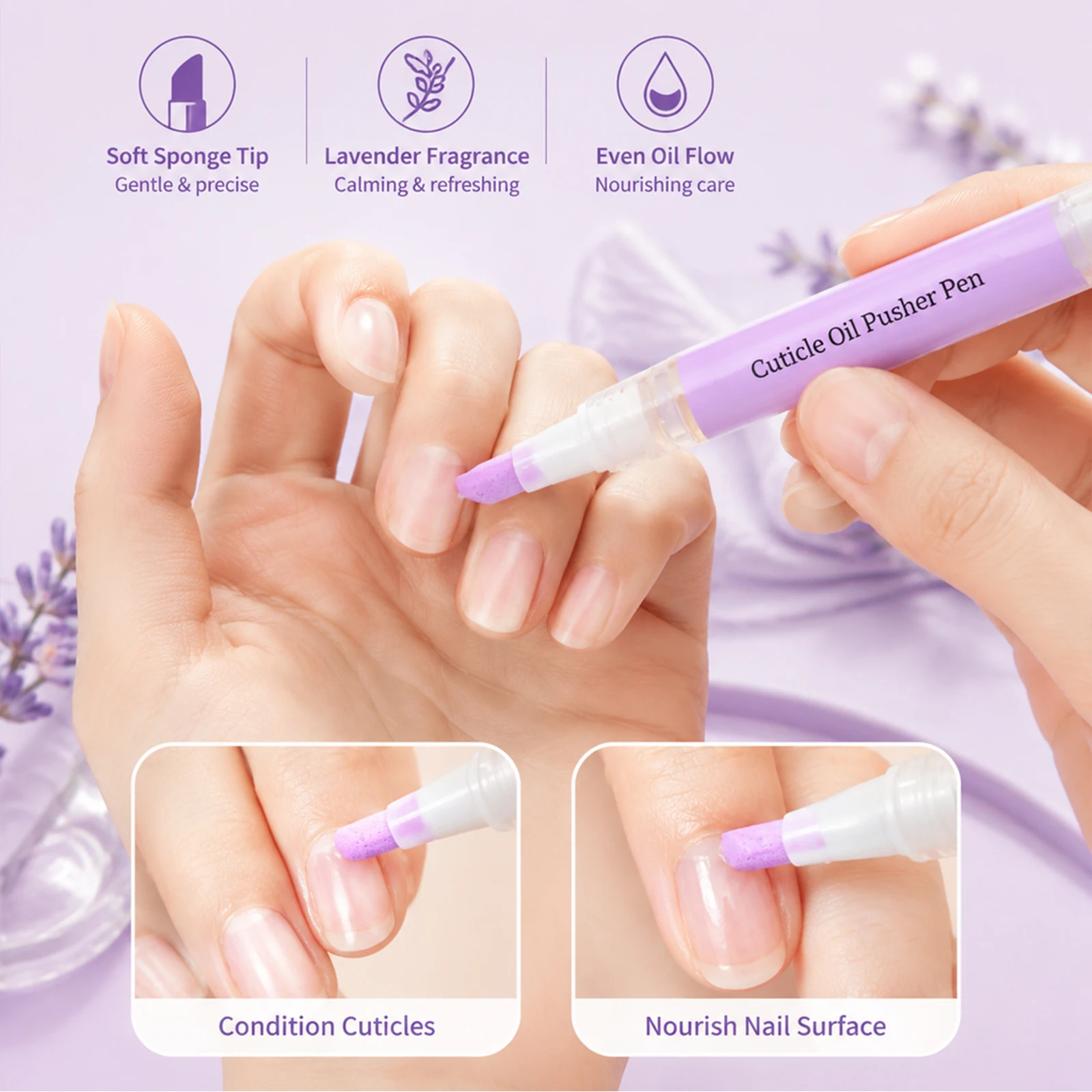 2 in 1 Cuticle Oil Pusher Pen Lavender Nourishing Hydrating Softening Nail Care Portable Manicure Tool For DryHands CuticleCream view 4