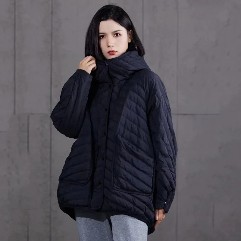 Piumini leggeri con cappuccio da donna, parka con tasche grandi, piumino monocromatico, semplice e casual, cappotti caldi larghi