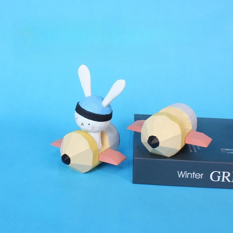 1 PC Hand Carved Pencil Aircraft Bunny Wood Craft Artifact Desk Ornament Adorable Lagomorph Gift Piece Handmade Rabbit Figurines