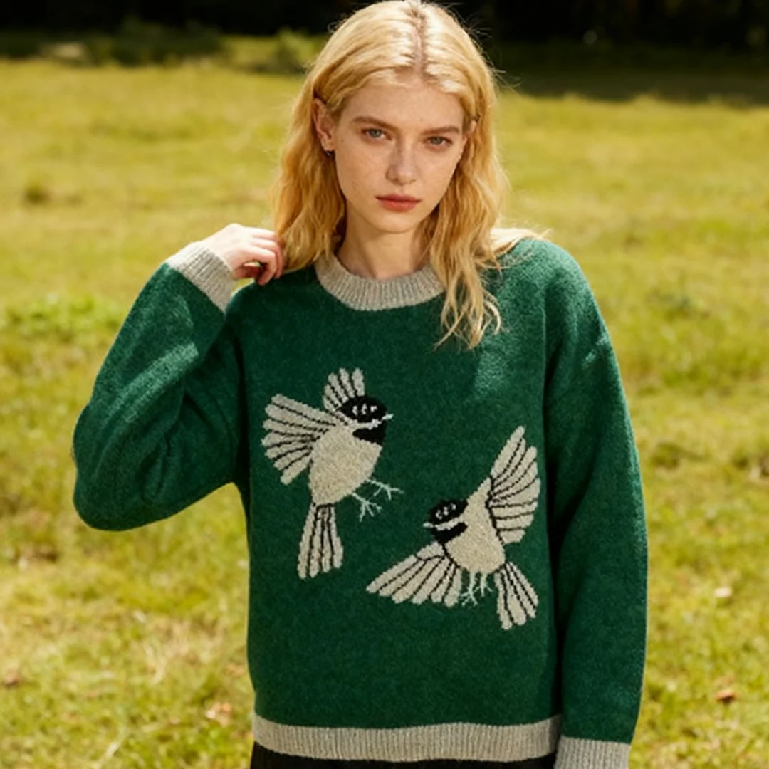 Maglione lavorato a maglia retrò verde uccello da donna girocollo manica lunga top autunnale in stile innovativo alla moda