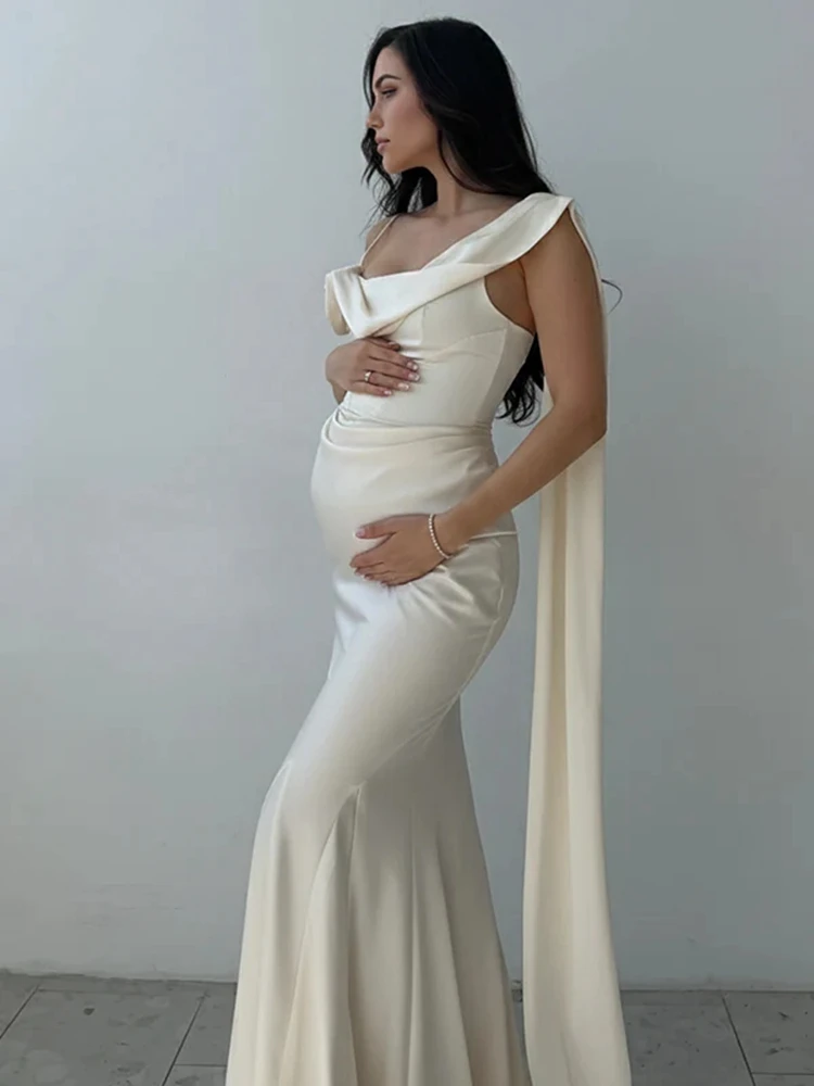 Elegant One-Shoulder Satin Maternity Photography Dress White Baby Shower Pregnancy Gown Ruched Maxi Photo Outfit