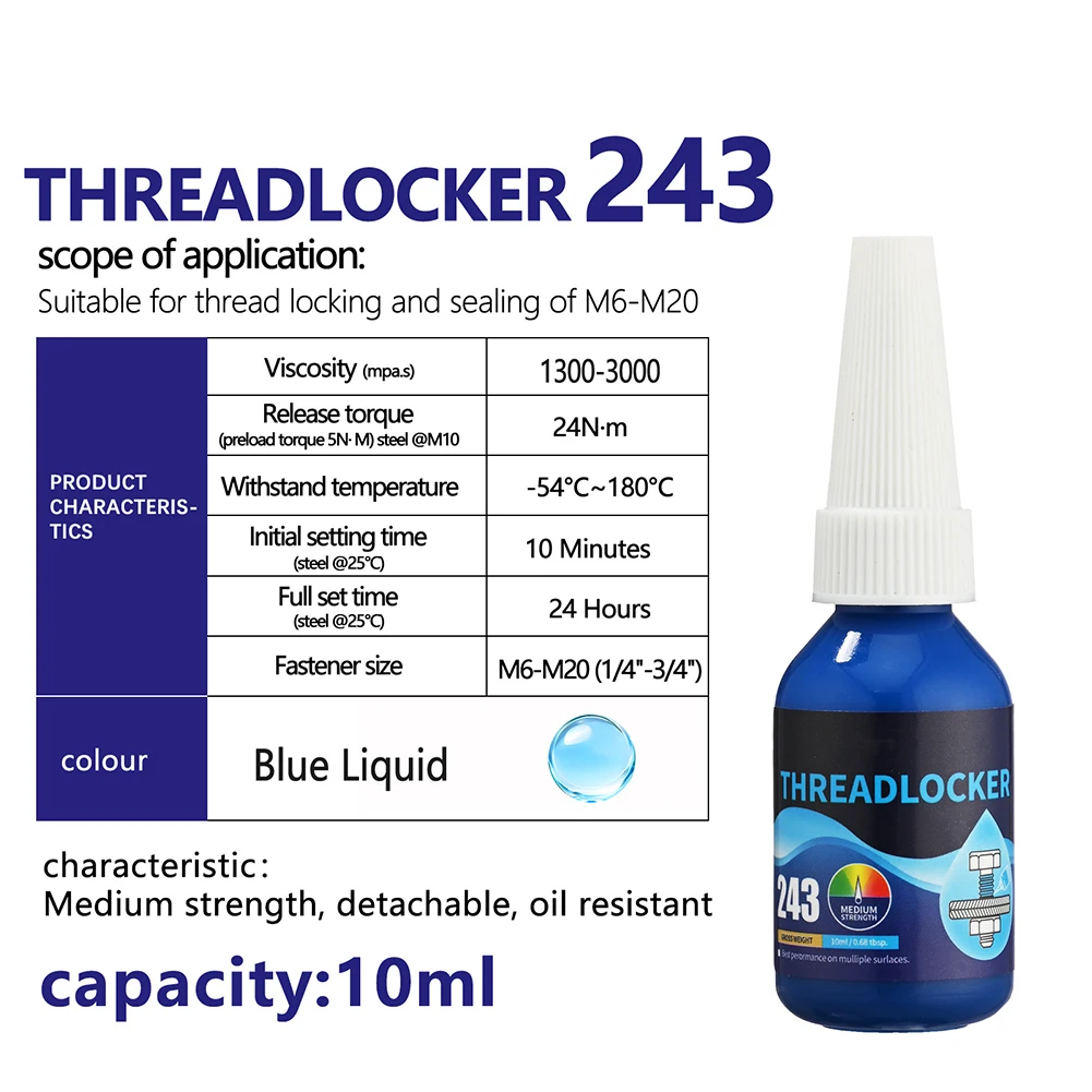 243 Blue Nut Locking Glue Removable Screw Adhesive Anti-Vibration Threadlocker Fast Curing Machinery Assembly Diy Hardware Tool