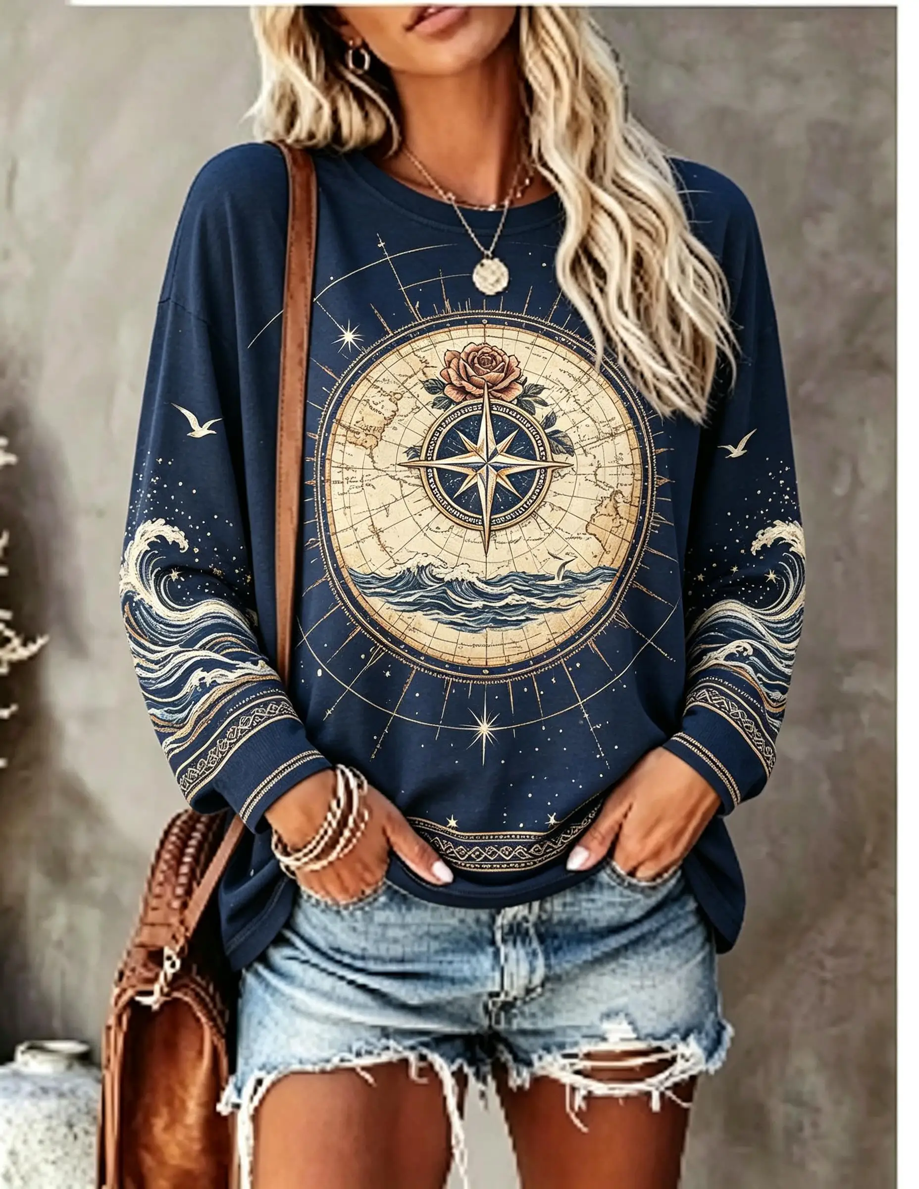Women Long Sleeve T‑Shirt Boho Cosmic Planet Moon Star Galaxy Print Crew Neck Casual Loose Tops