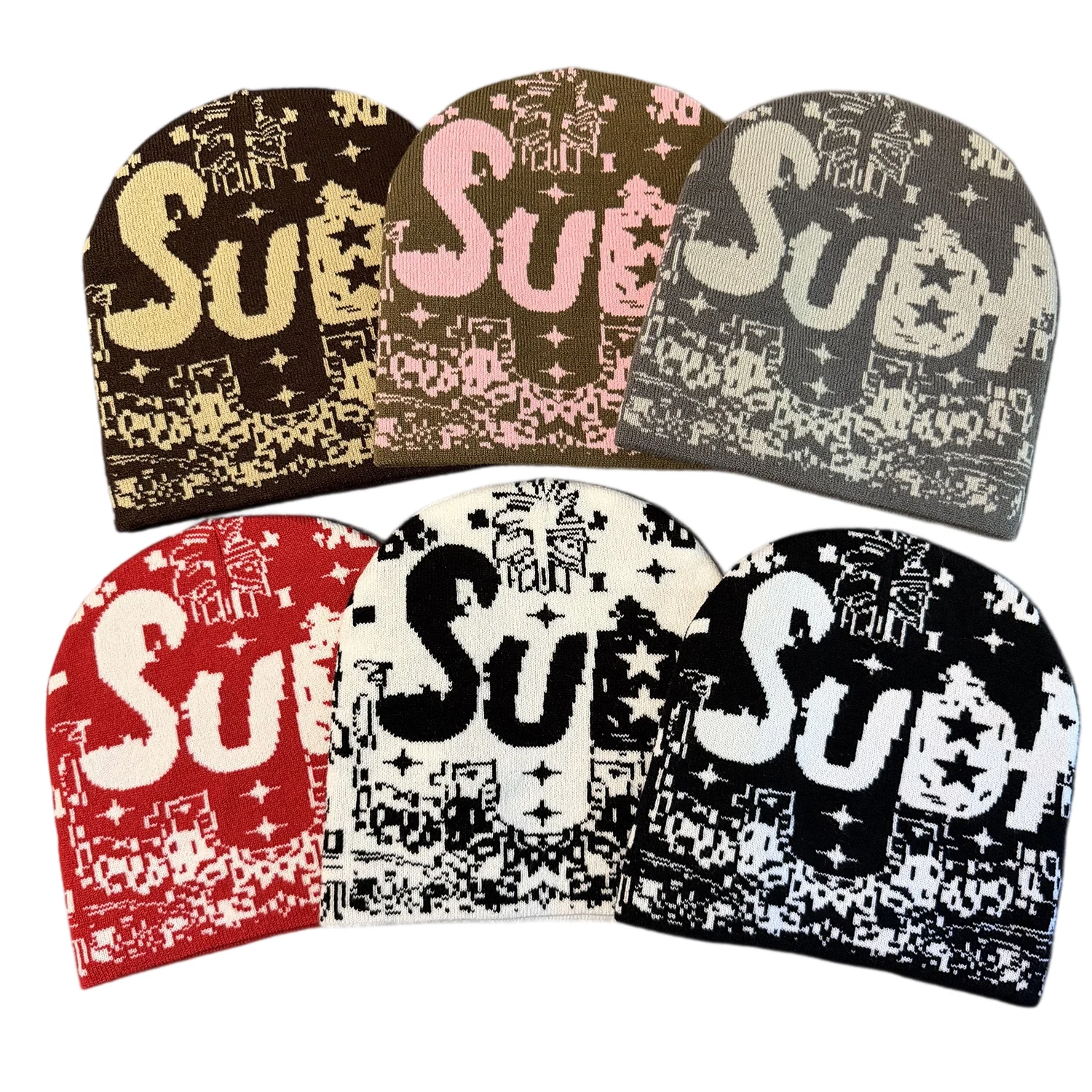 American Style Skeleton Star Jacquard Knit Hat Retro Graffiti Pattern Outdoor Casual Hat Winter Skiing Stretchable Beanie Caps