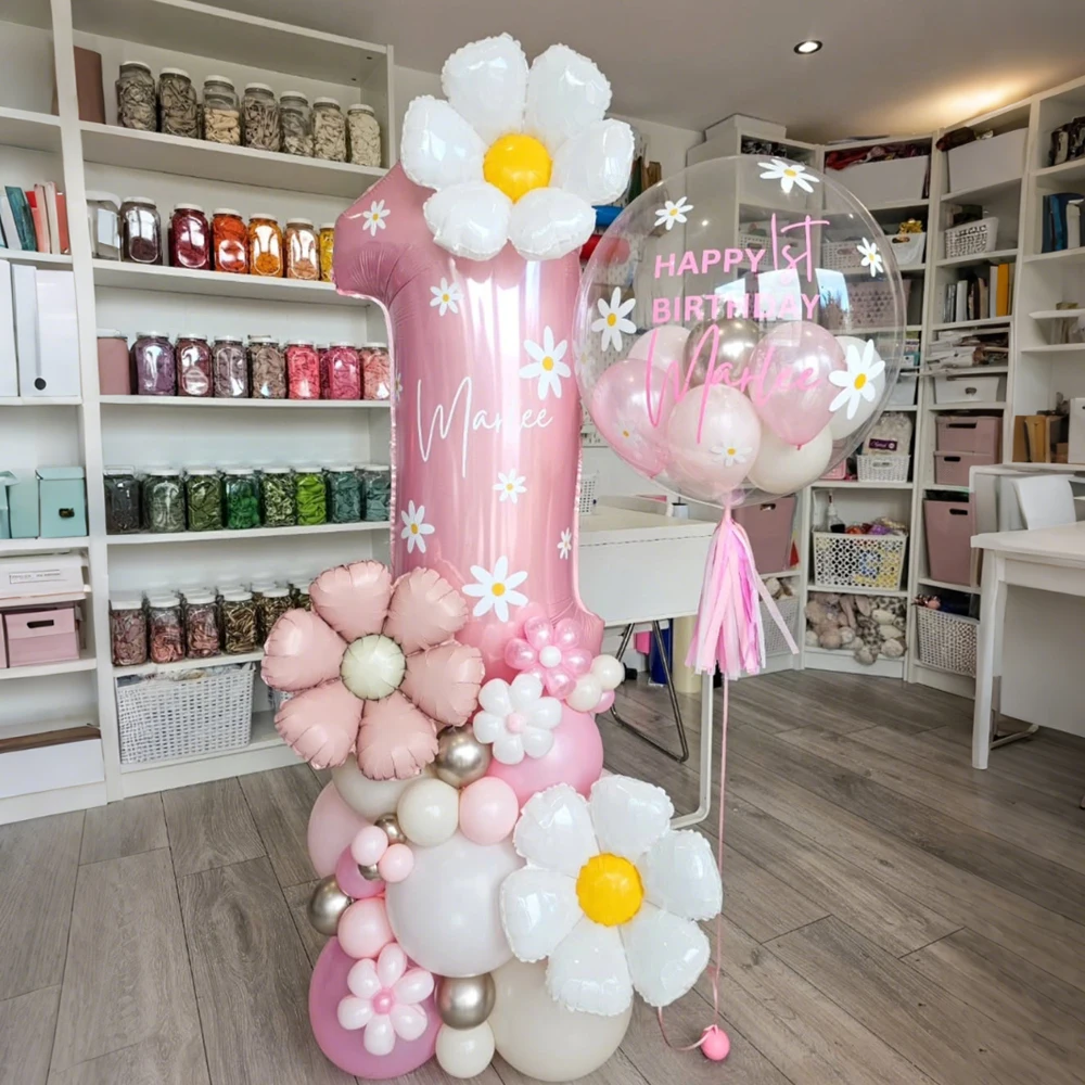 Conjunto de balões de coluna digital rosa Maka, balão digital de folha de alumínio com balão de margarida, decoração de festa de aniversário
