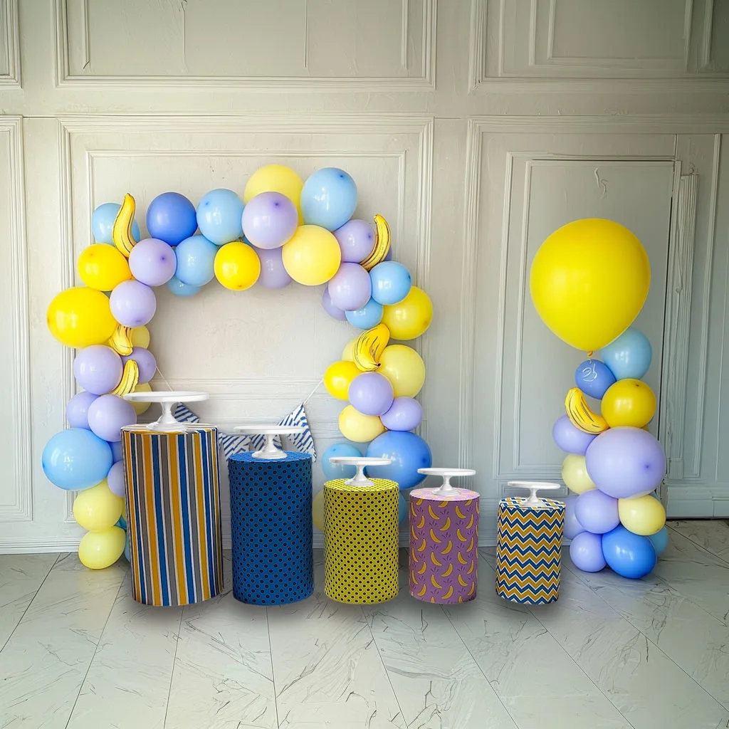 1set (5 Pcs) Cylinder Covers Stripes Dots Banner Stretchy Pedestal Cover for Birthday Party Baby Shower Tablecloth Decor Prop