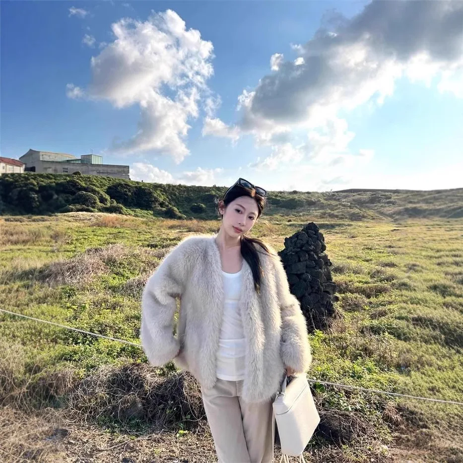 Short Coat Women Faux Fur Fox Coats Full Sleeve Thick Warm Work Y2k Streetwear Elegant Overcoat Outerwear Autumn Winter 2025