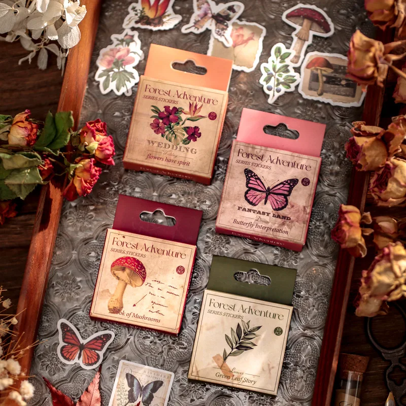 50pcs Forest Adventure Series Decorative Boxed Stickers Vintage Flower Butterfly Scrapbooking Label Diary Album Journal Planner