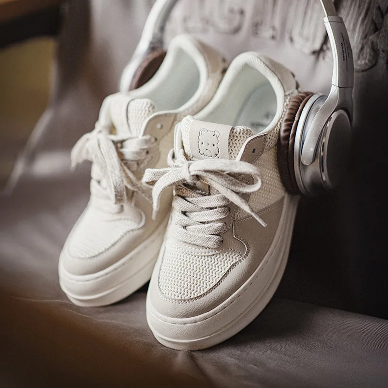 Maden Patchwork Summer Mesh Breathable White Sneakers Men Chunky Sole Low-Top Casual Shoes Lace-Up Round Toe Street Board Shoes
