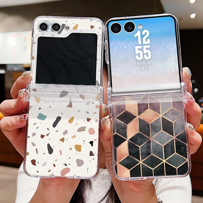 Folding Clear Magnetic Phone Case For Samsung Galaxy Z Flip 7 FE 6 5 4 Flip7 Flip6 Flip5 Shockproof Marble Printed Hard PC Cover