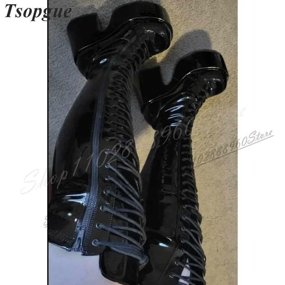 

Over The Knee Black Cross Tied Platform Boots Thick Heel Shoes For Women Side Zipper Round Toe 2025 Fashion Zapatos Para Mujere