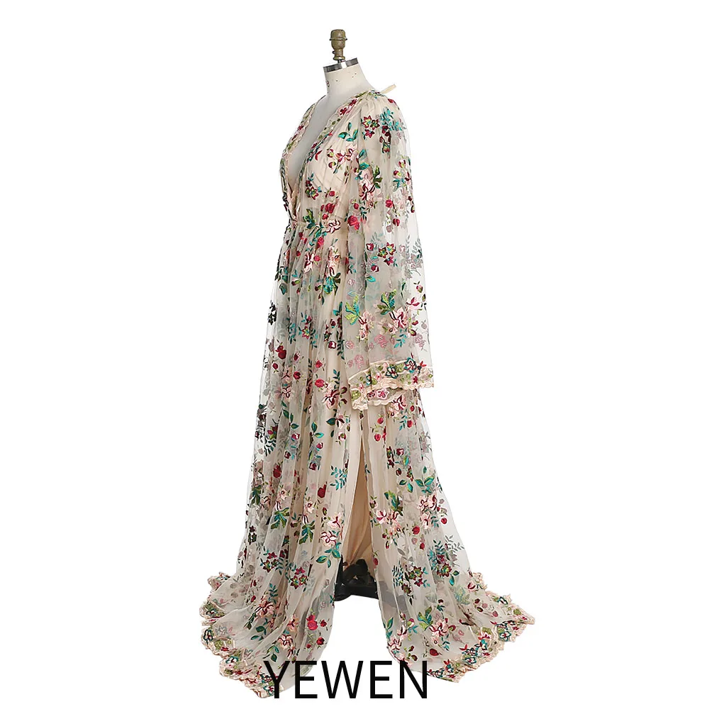 V-Ausschnitt, lange Ärmel, Blumenstickerei, Spitze, maßgeschneiderte Anlasskleider für besondere Anlässe, Kleid für schwangere Frauen YW231000