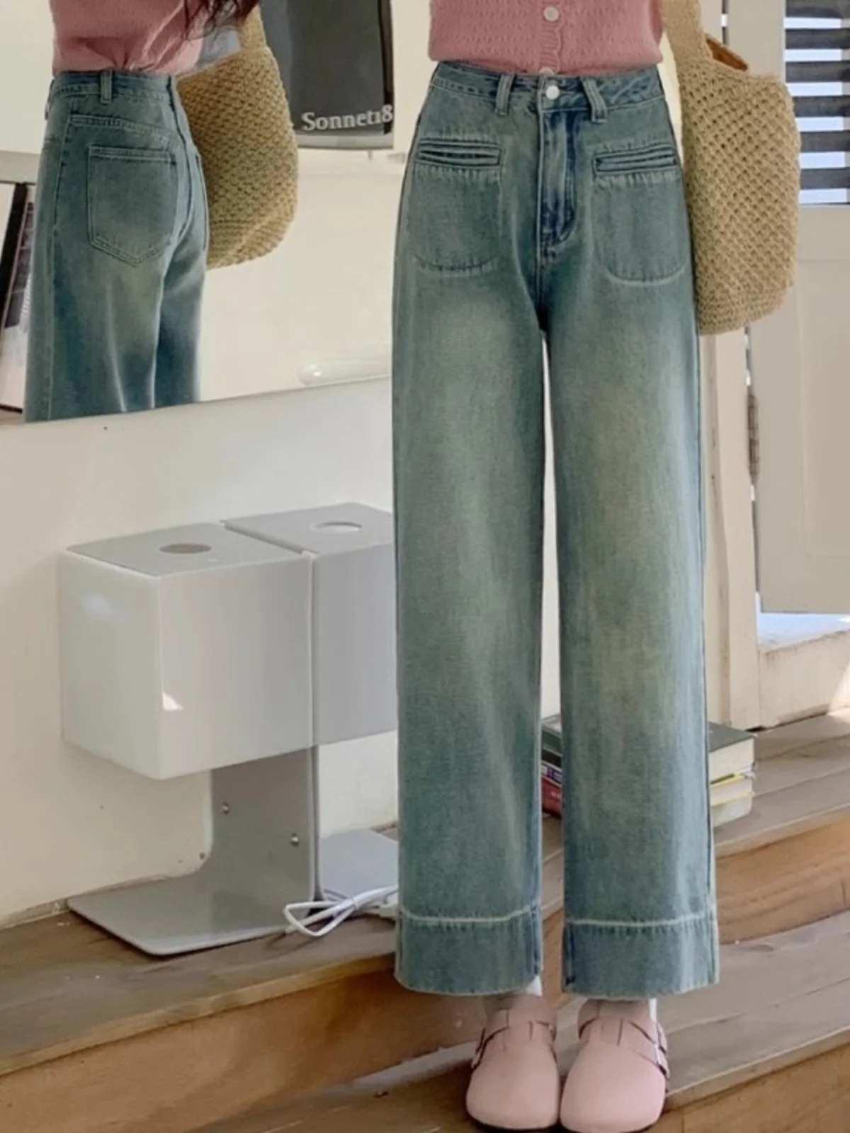 

High Waist Straight Leg Jeans Women Summer plus Size Slimming Cuffed New Design Wide Leg Pants Blue Zipper Closure