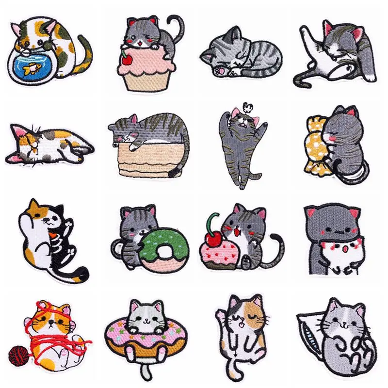 Cat Embroidered Patches for Clothing Cartoon Fabric Patch Sticker Iron On Clothes Pocket Decoration Sewing On Applique For Jeans