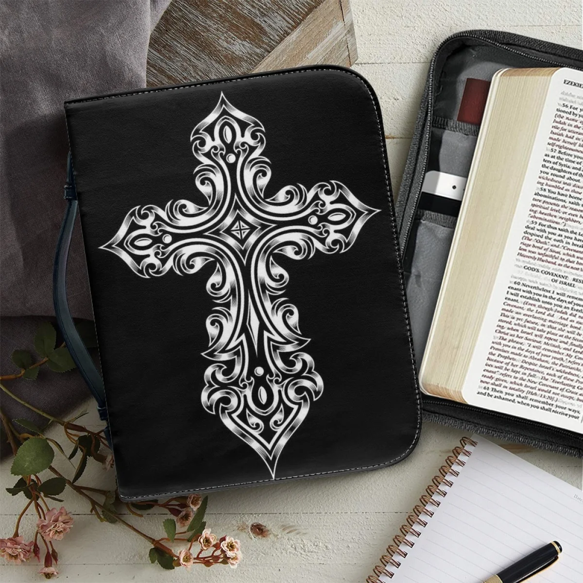 

FORUDESIGNS Leather Bible Bag Carrying Bible Cover Case Cross Print Handbag Handle Zippered Pocket Tote Book Holder Protection