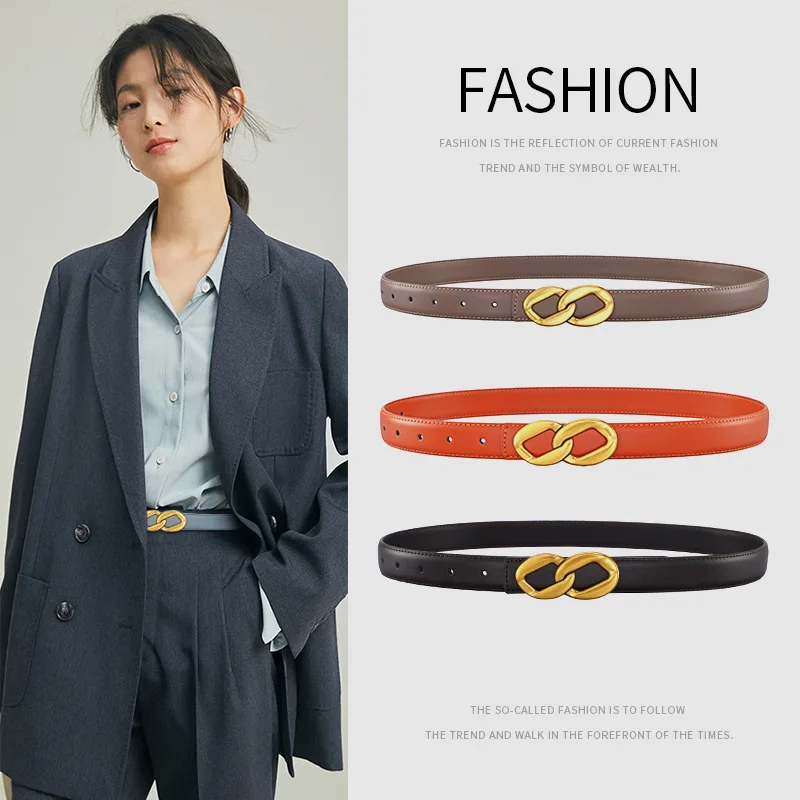 New Women's Retro Figure-8 Smooth Buckle Cowhide Belt Trendy Ins Style Decorative Denim Suit Pants Waist Belt