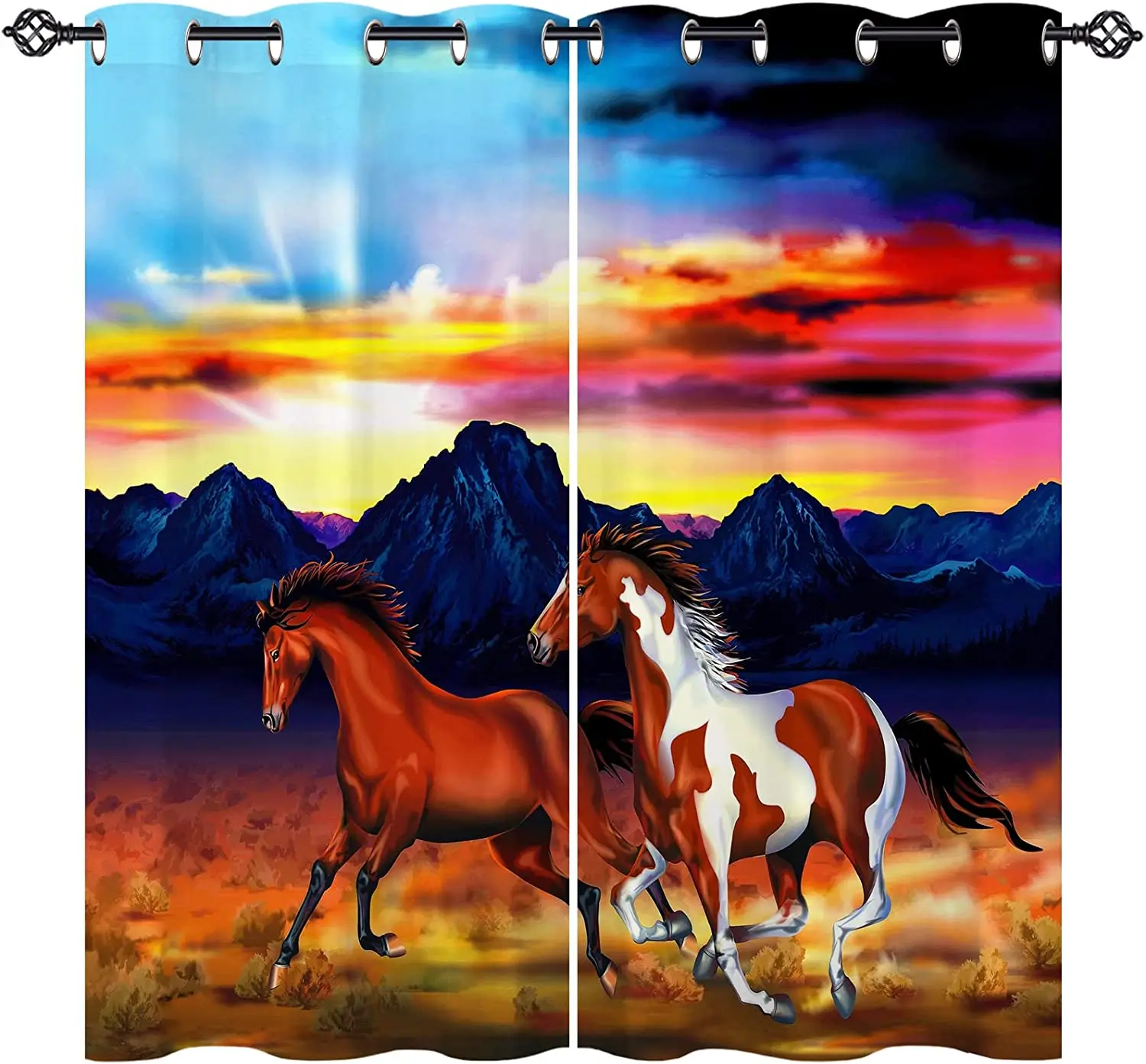 3D Print Pattern of Painting Art, Horses Running on Forest River Creek Curtains, 3D Print, Window Curtains for Bedroom, Living R