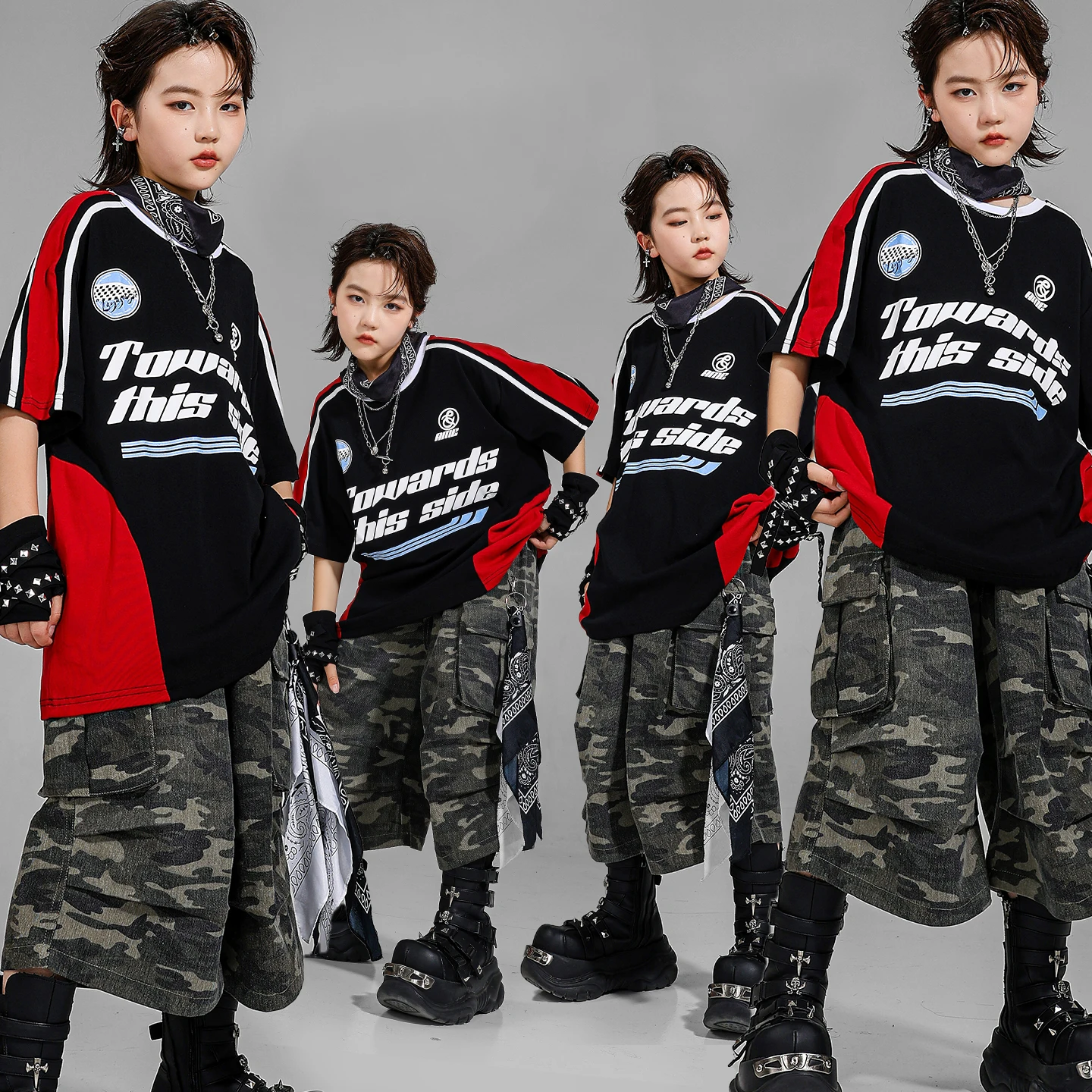 

Свободная футболка в стиле хип-хоп для мальчиков, камуфляжные шорты, одежда для уличных танцев, костюм K-pop для джаза для девочек, комплект детской одежды, детская уличная одежда